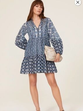 Blue Printed Tiered Long-Sleeve Mini Dress with V-Neck